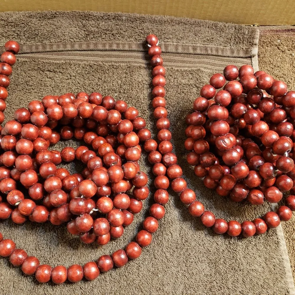 2 Strands Wood Red Beads Beaded Christmas Garland ~18' Total, 104